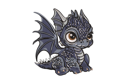 Charming baby dragon embroidery design showing a chubby cute dragon in emerald green with 7 colours including lime belly, yellow-orange wings and a tiny flame puff.
