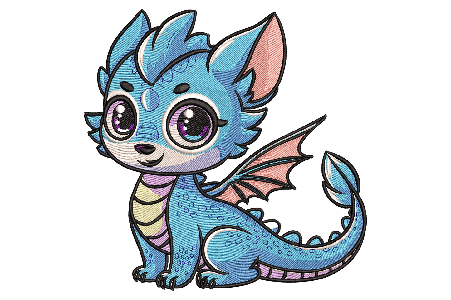 Charming baby dragon embroidery design, kawaii sitting dragon with huge purple eyes, sky blue body with scale dots and small pink bat wings.