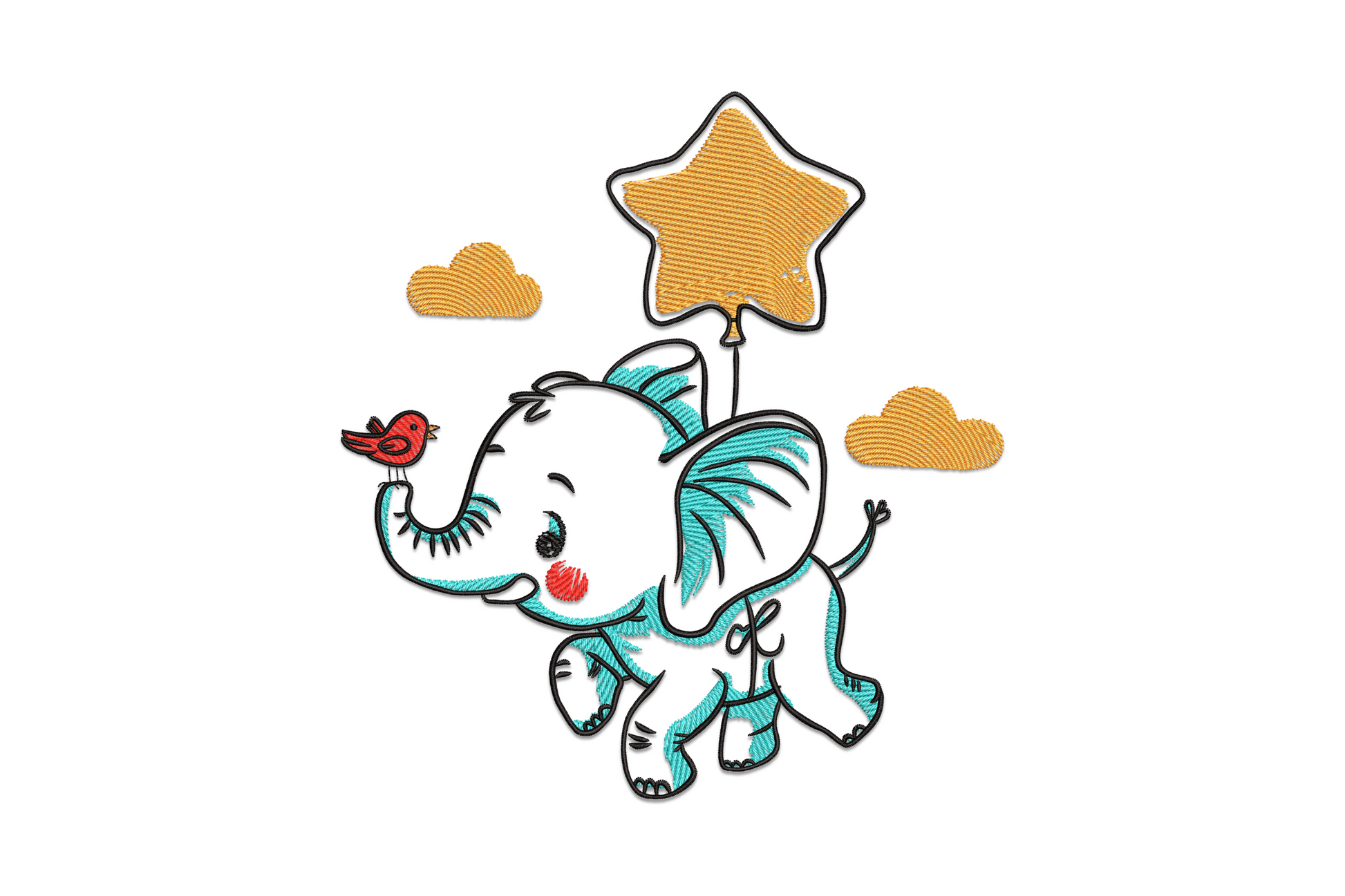 Charming baby elephant embroidery design, aqua cartoon elephant with star balloon and red bird, nursery machine embroidery.