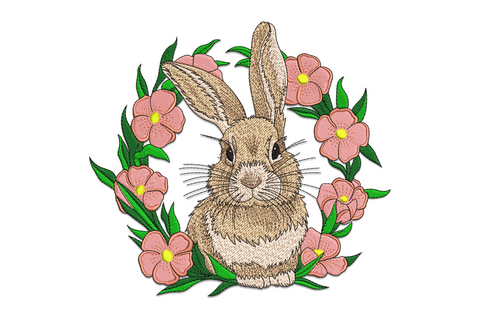 Charming bunny embroidery design with pink floral wreath, 9 colours, realistic fur texture, 5 sizes up to 7.5 inches.
