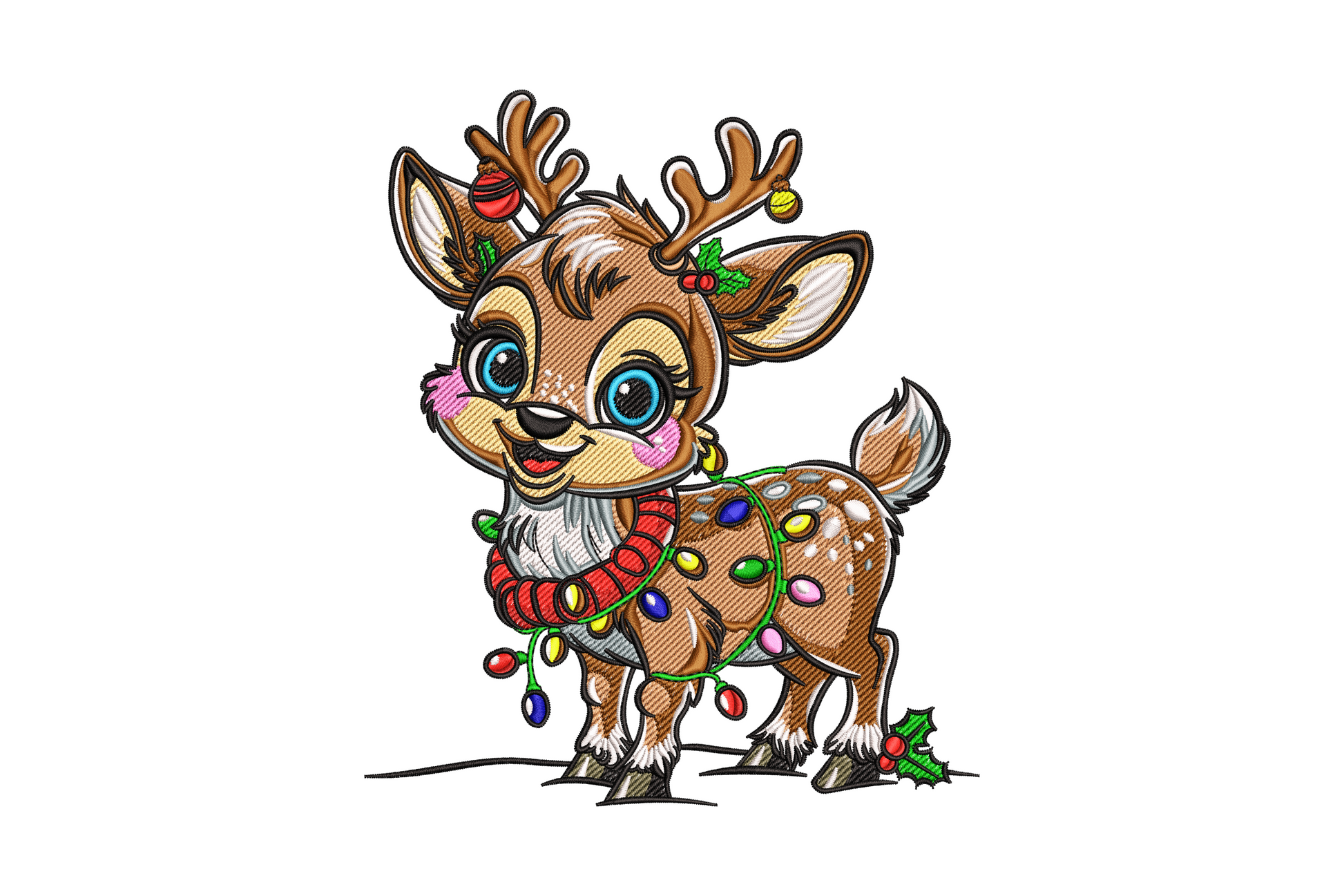 Machine embroidery of a charming standing Christmas reindeer with multicolored light strand, red scarf, holly antlers, and big blue eyes