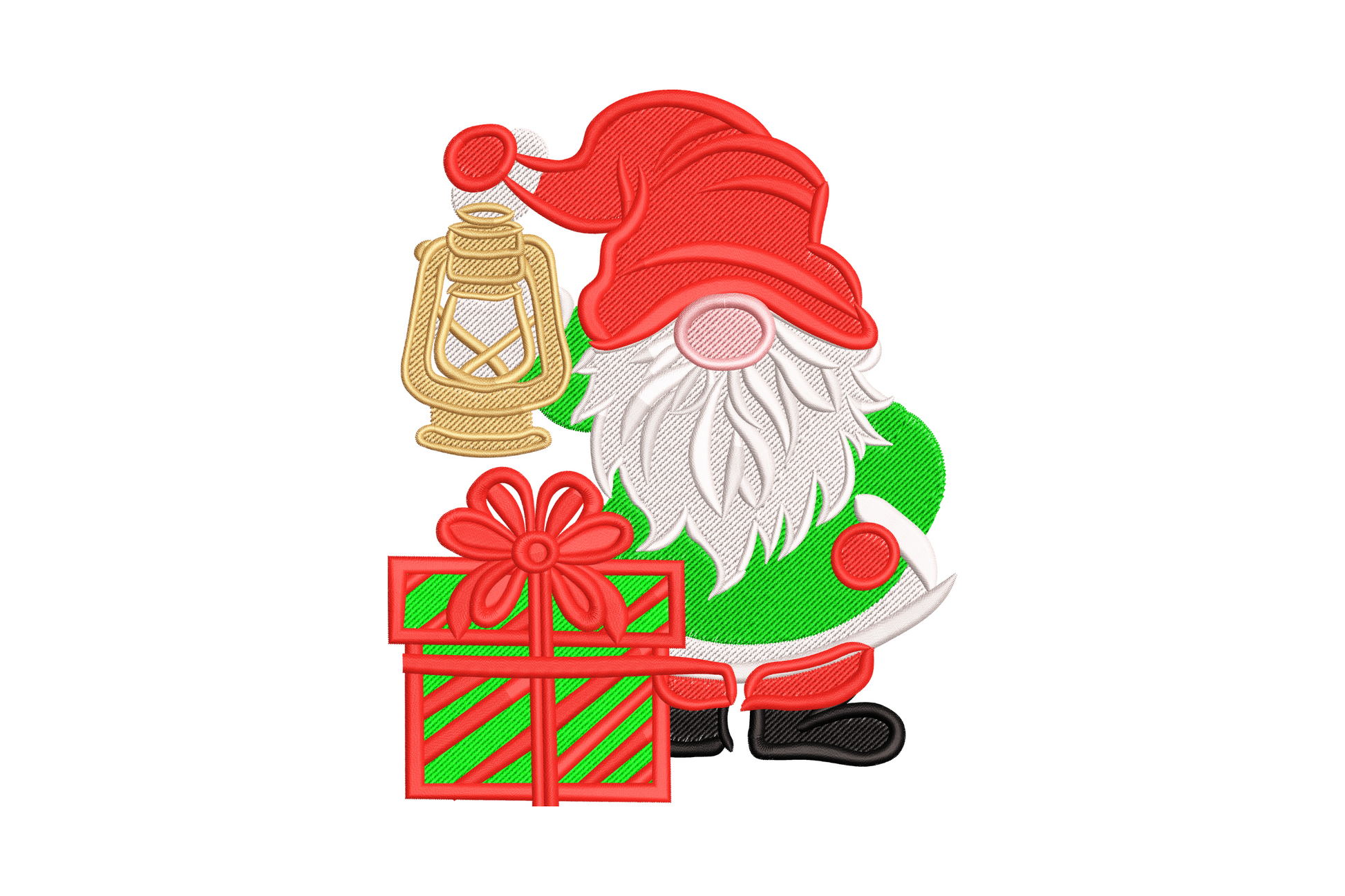 Christmas gnome embroidery design with oversized red hat, white beard, vintage lantern and gift box, 7 colors