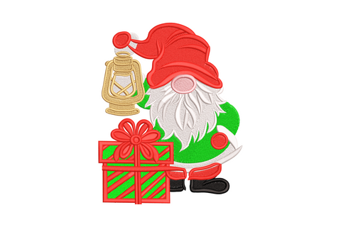 Christmas gnome embroidery design with oversized red hat, white beard, vintage lantern and gift box, 7 colors