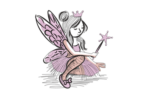 Seated fairy princess embroidery design with butterfly wings, crown and star wand, pink and black tones on white background.