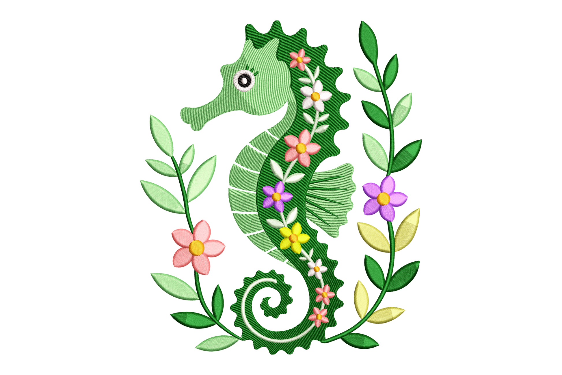 Decorative design of a green seahorse surrounded by flowers and leaves on a white background