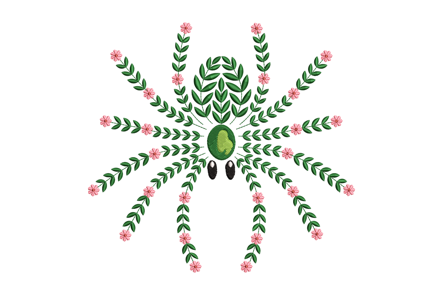 Spider-like creature made of leaves and flowers embroidery design