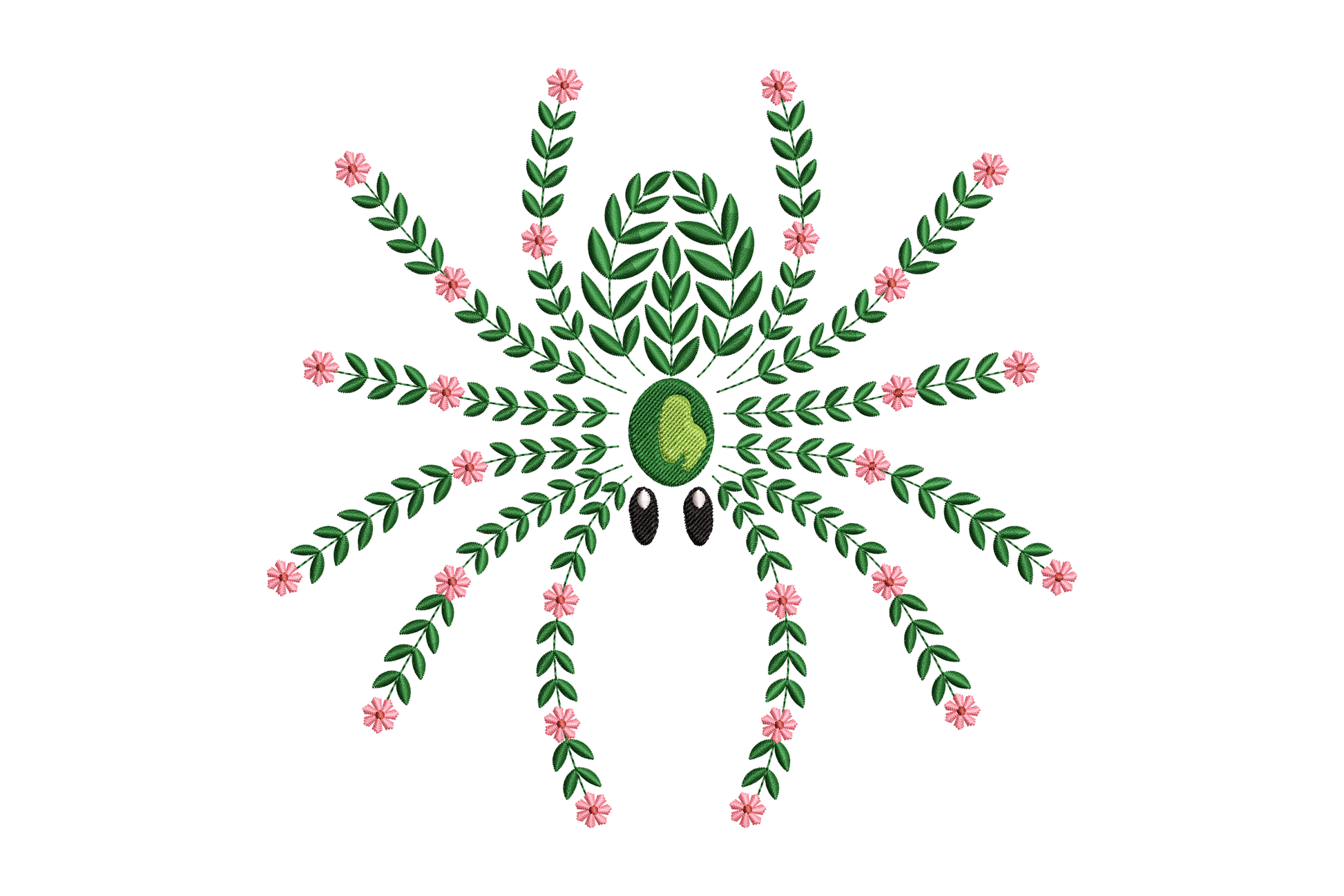Spider-like creature made of leaves and flowers embroidery design