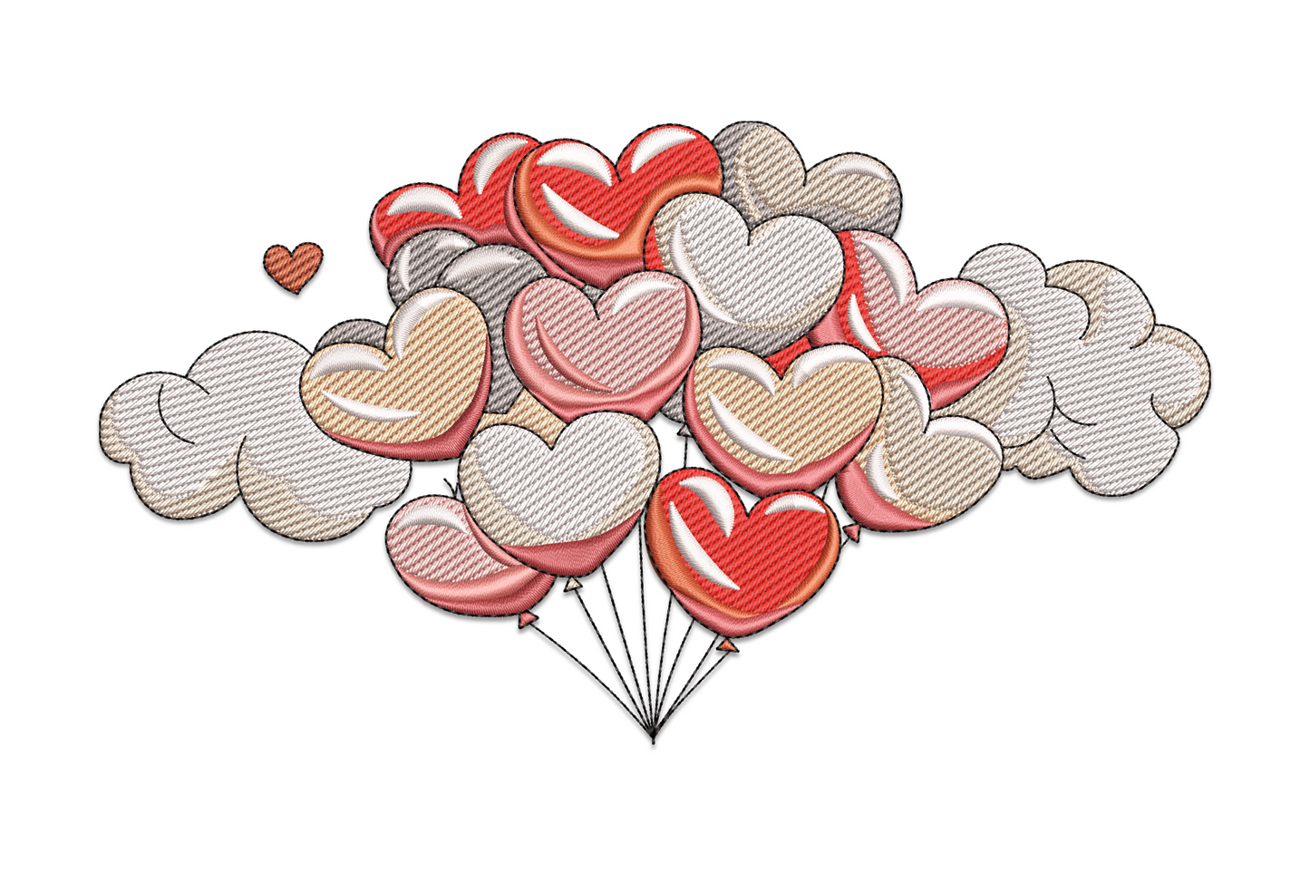 Heart balloon cluster embroidery, crimson, blush and cream foil-effect hearts on strings with soft grey cloud shapes.
