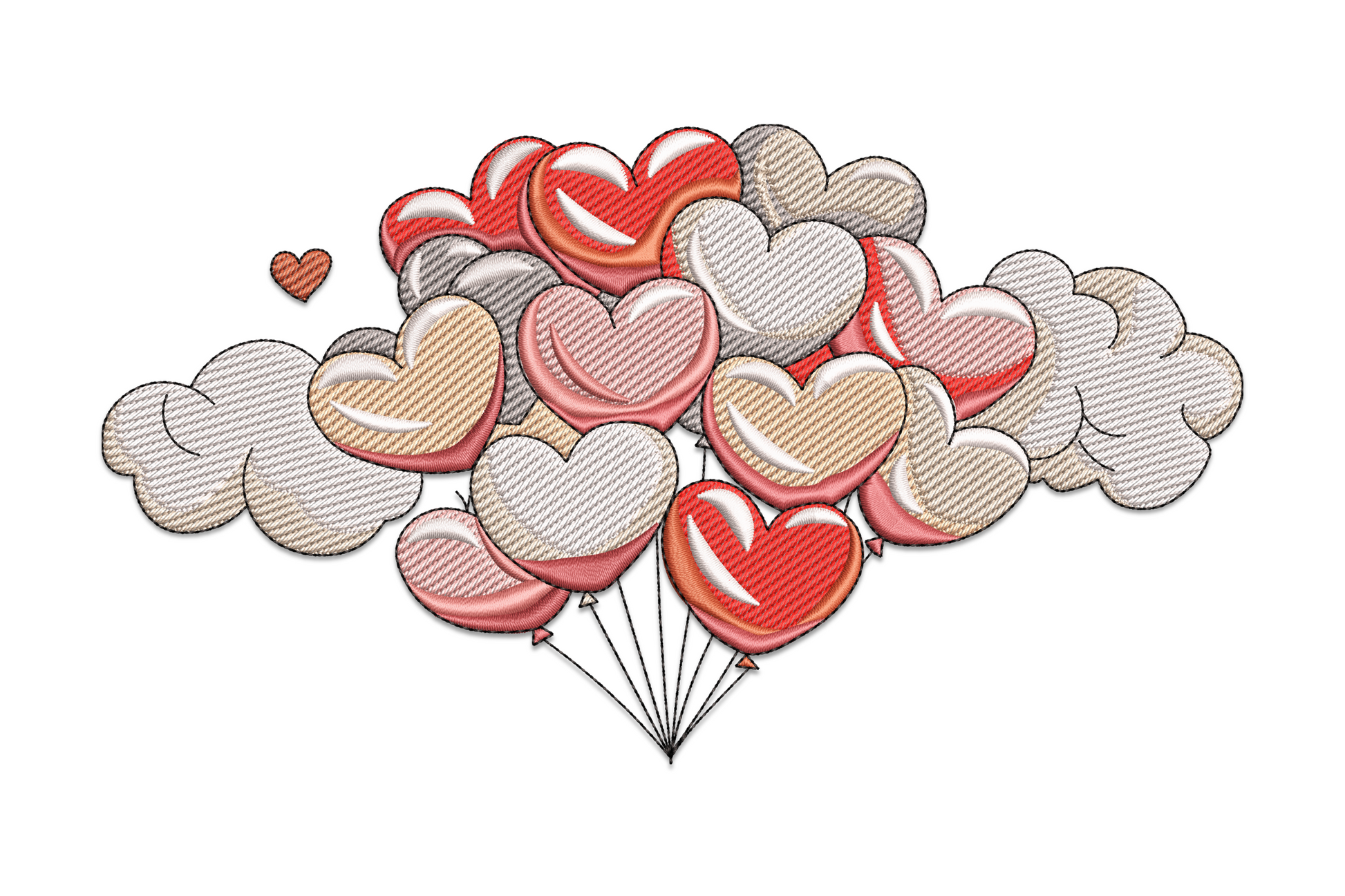 Heart balloon cluster embroidery, crimson, blush and cream foil-effect hearts on strings with soft grey cloud shapes.