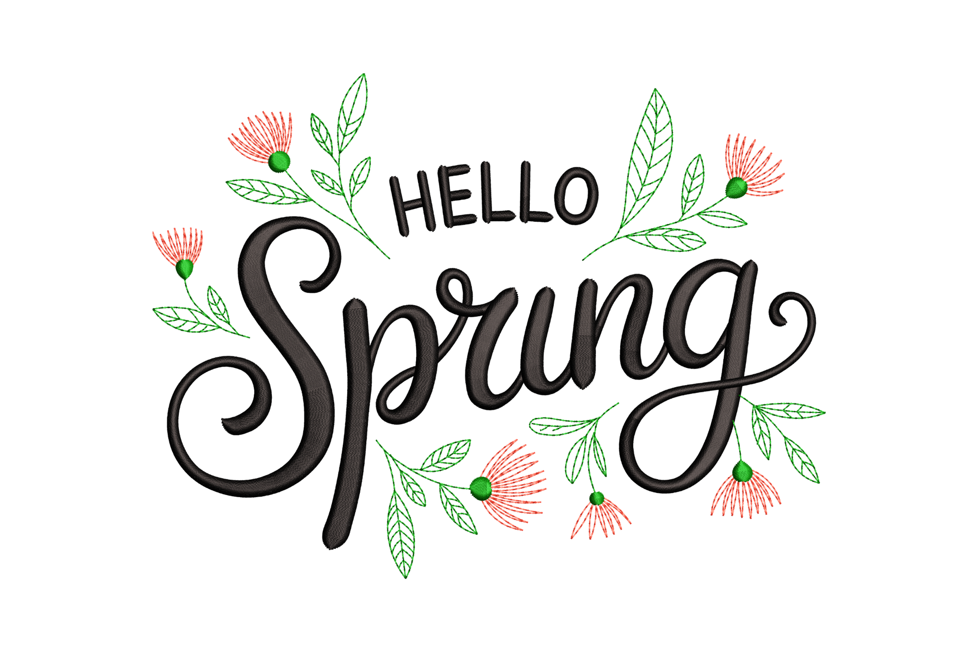 Text 'HELLO Spring' with floral decorations on a white background