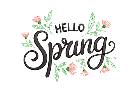 Text 'HELLO Spring' with floral decorations on a white background