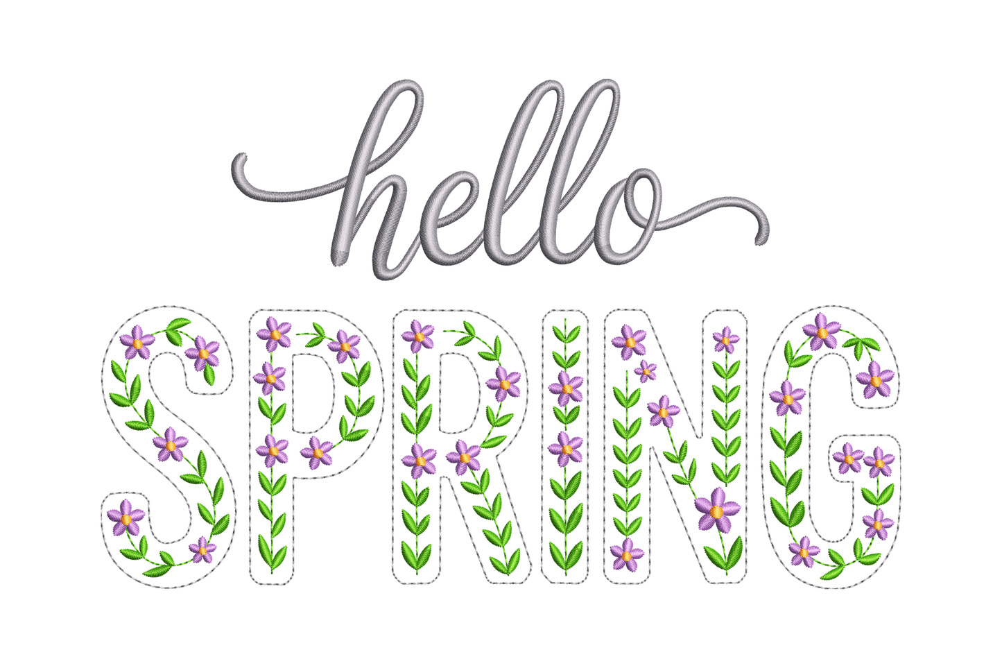 Decorative text 'hello SPRING' with floral elements on a white background