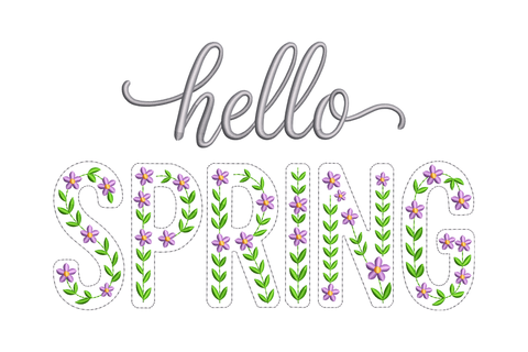 Decorative text 'hello SPRING' with floral elements on a white background