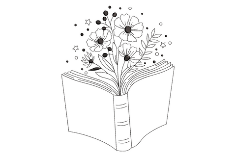 Charming open book embroidery design with flowers, leaves and stars rising from open pages in clean black outline on white.