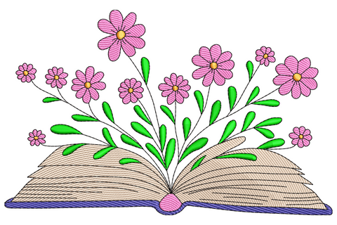 Charming open book embroidery design with pink daisy flowers and bright green leaves bursting upward from cream book pages.