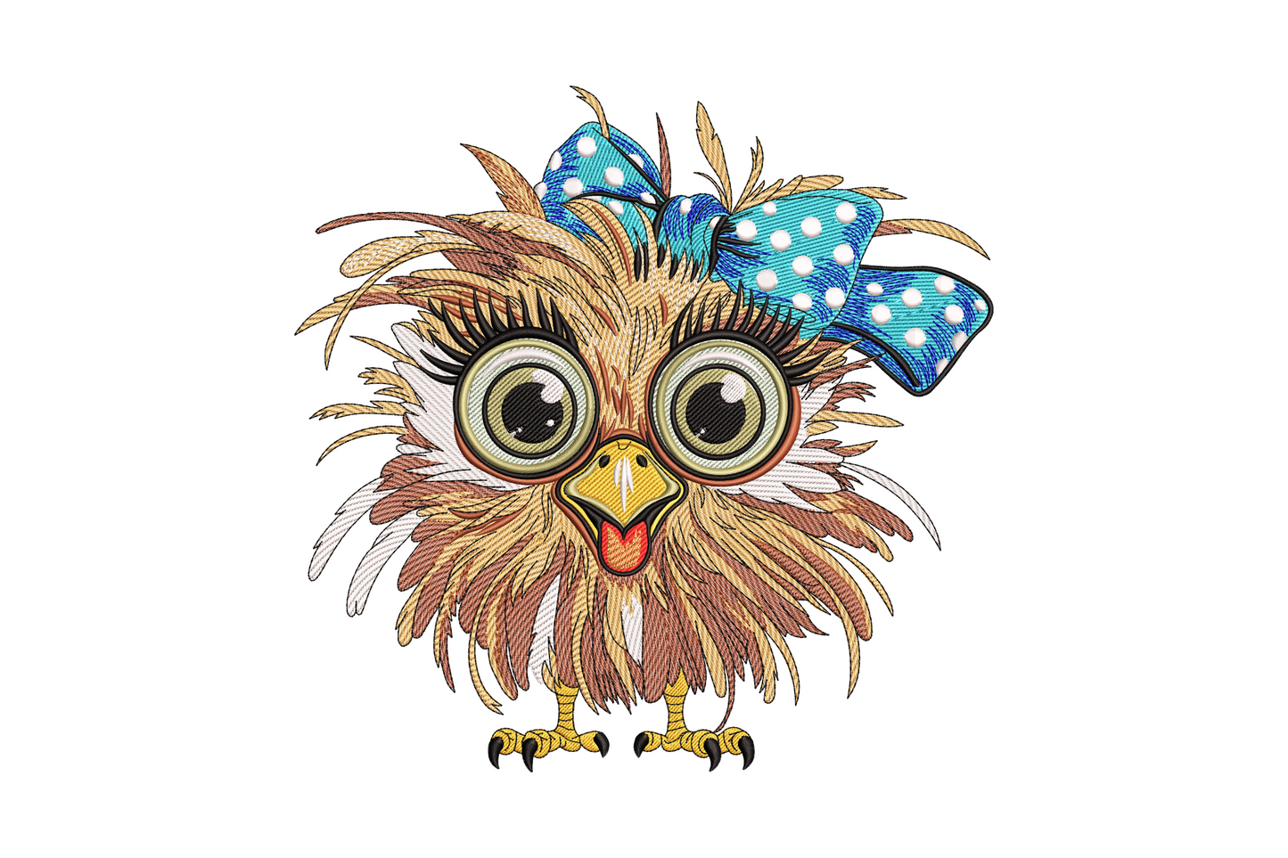 Charming whimsical owl embroidery design with round cartoonish body in rusty orange, white chest and large yellow eyes with black pupils, 10 colour design.