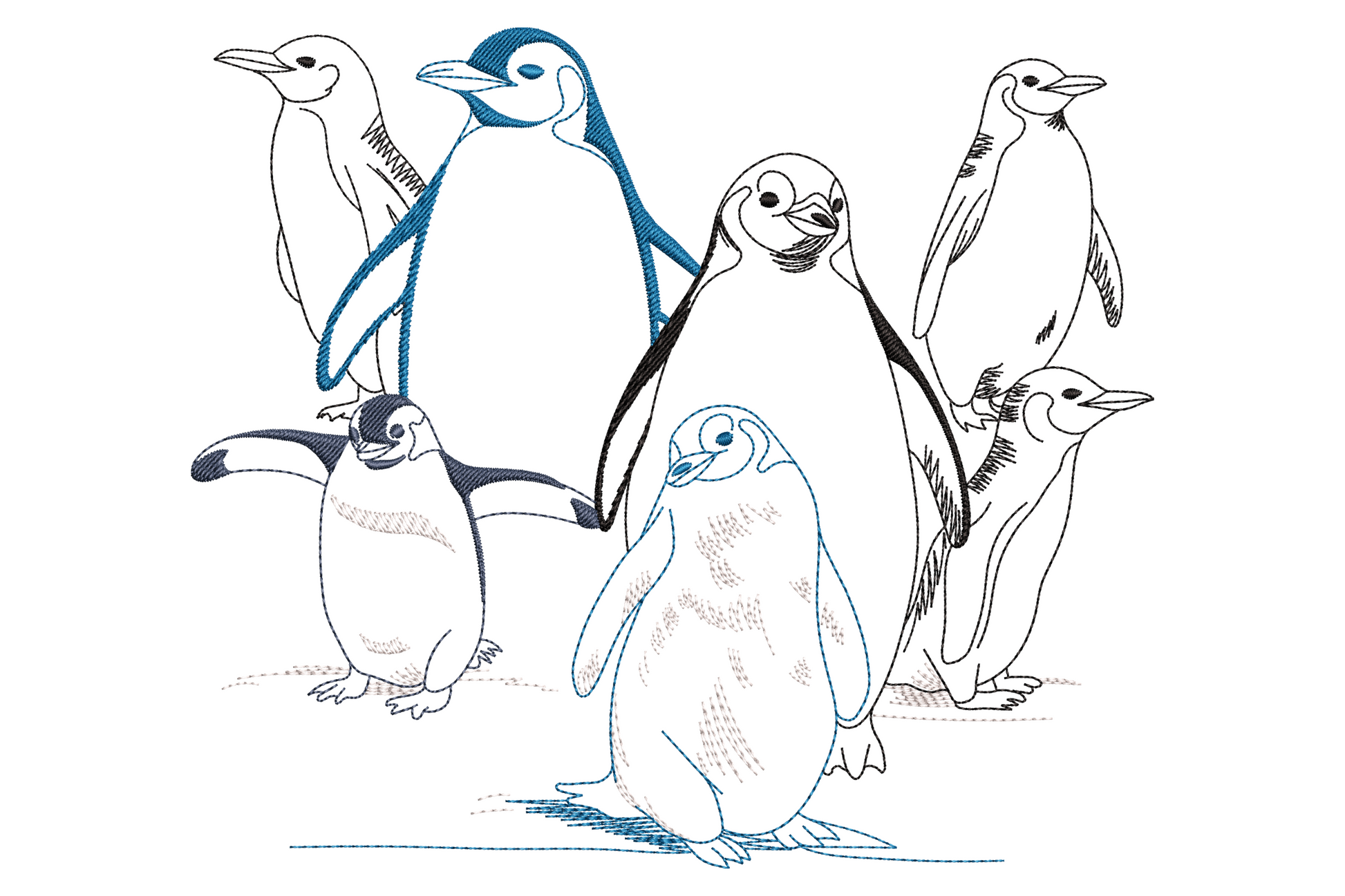 Penguin family embroidery, 6 penguins in naturalist sketch style, adults and chicks grouped with blue accent fills.