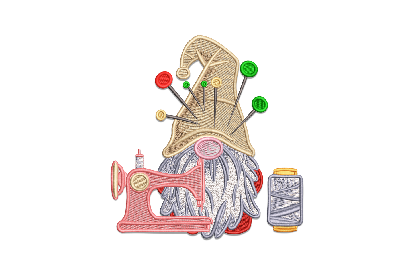 Sewing gnome embroidery with a pin-stuck beige hat, fluffy grey beard, coral-pink sewing machine and grey thread spool.