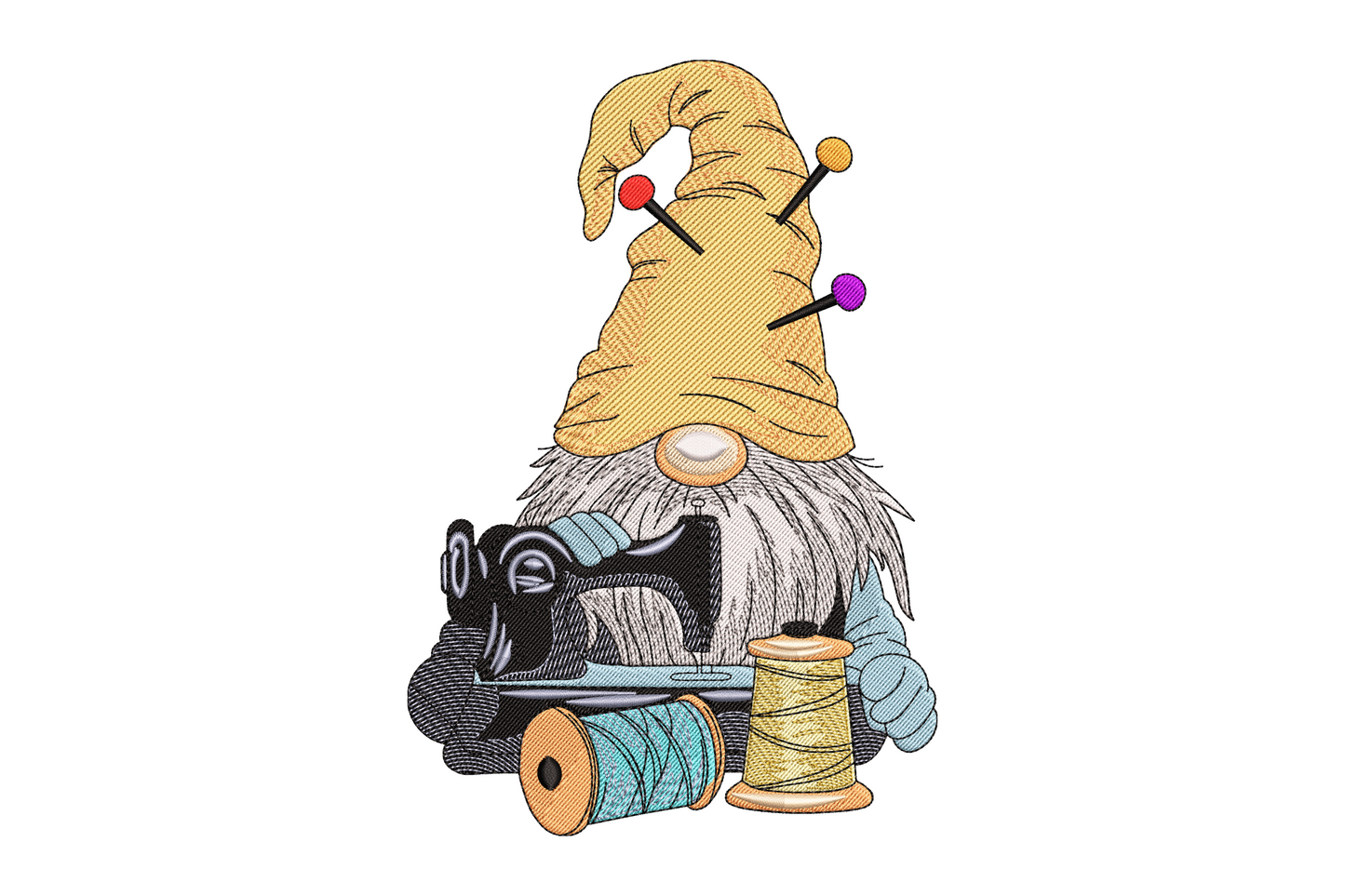 Sewing gnome embroidery with peach pincushion hat stuck with red purple and orange pins, white beard, holding a vintage black sewing machine and surrounded by thread spools