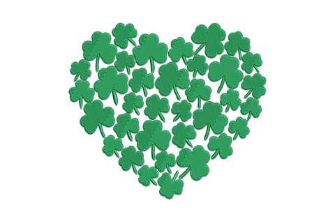 Heart shape built from tightly arranged shamrock leaves, single green, charming Irish St Patricks Day embroidery.