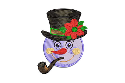 Charming snowman face embroidery design, blue snowman with black top hat, poinsettia, pipe and big smile.