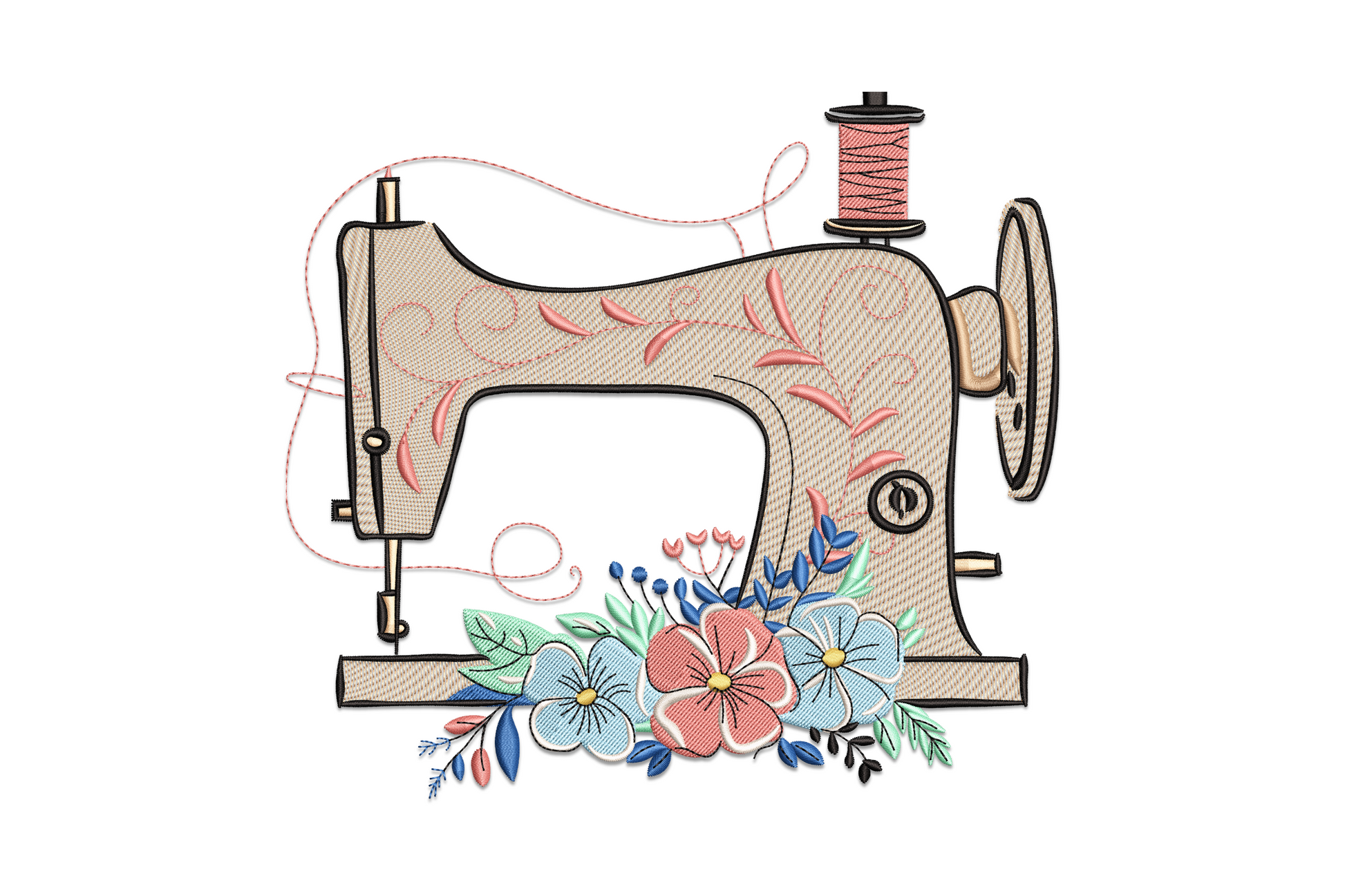 Vintage sewing machine embroidery design, tan body with coral and blue florals at base, scroll motifs and thread spool.