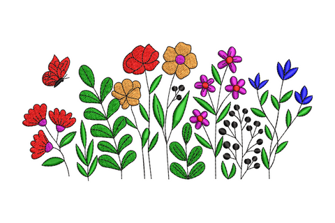 Wildflower butterfly border embroidery, red butterfly with poppies, magenta cosmos, blue tulips and black berry sprig.