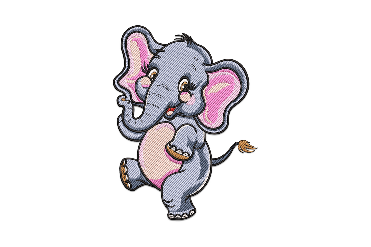 Cheerful baby elephant machine embroidery design, 10 colours, happy expression cartoon style, soft grey and pink, nursery theme