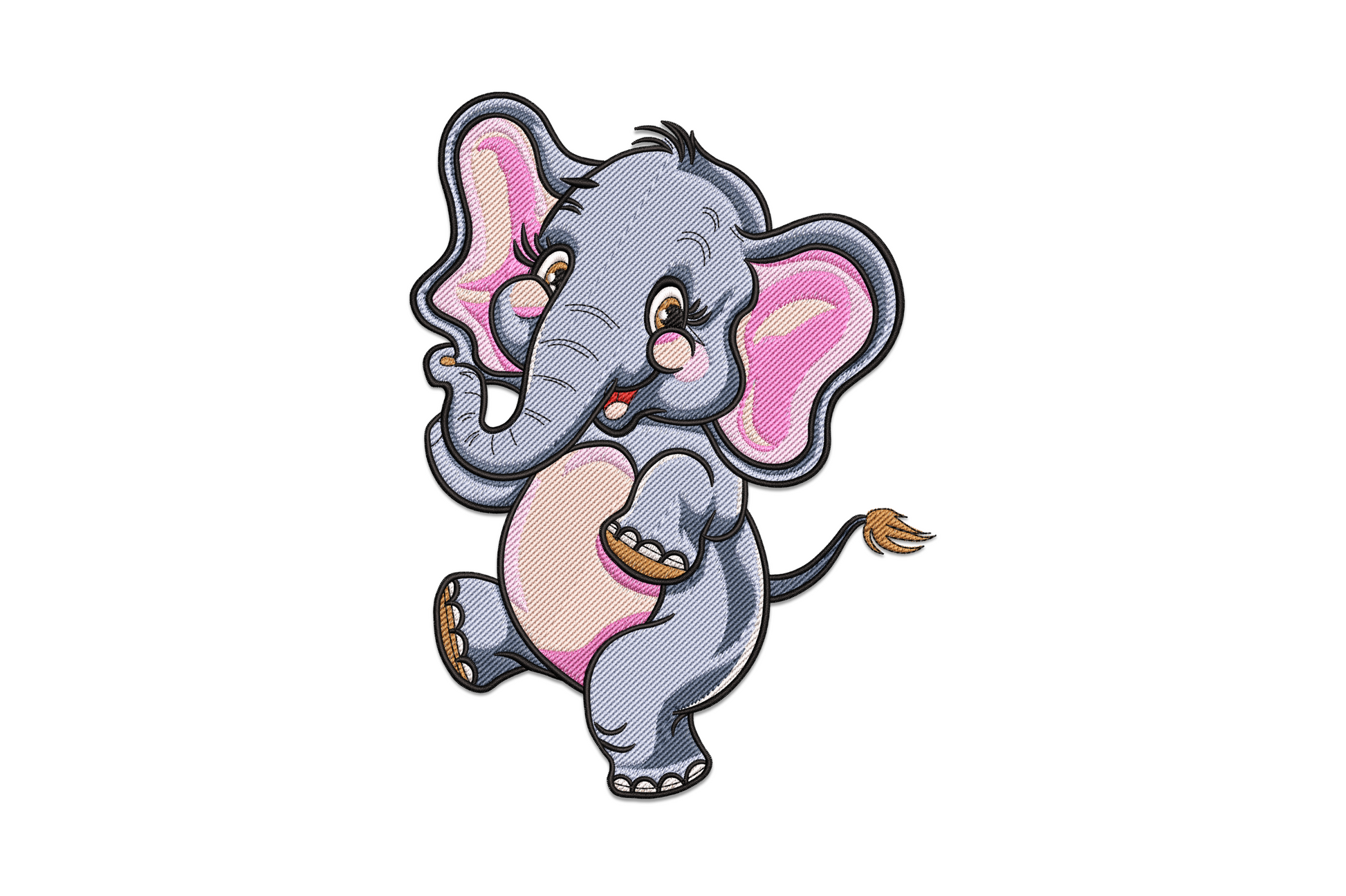 Cheerful baby elephant machine embroidery design, 10 colours, happy expression cartoon style, soft grey and pink, nursery theme