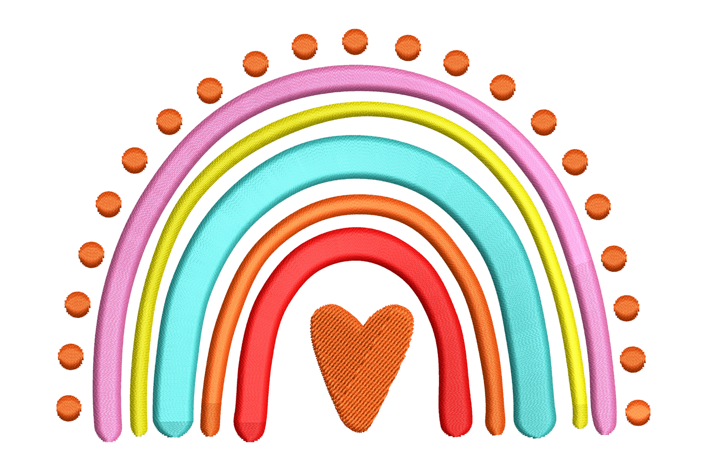 Cheerful rainbow embroidery design with five satin colour arcs and a small heart at the base, shown on white background