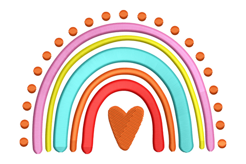 Cheerful rainbow embroidery design with five satin colour arcs and a small heart at the base, shown on white background