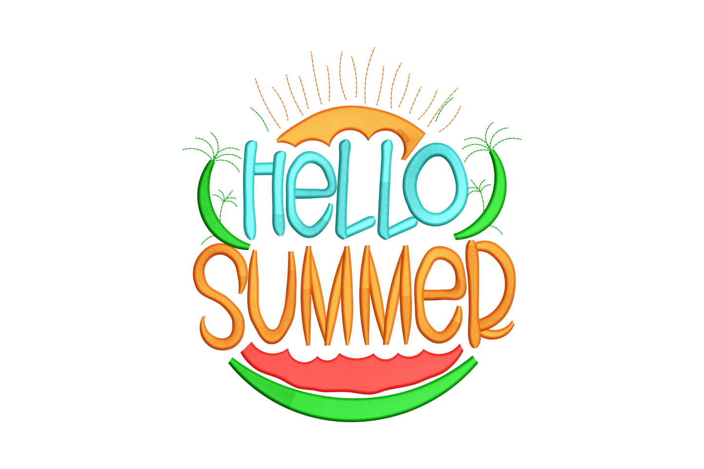 Cheerful Hello Summer embroidery with teal Hello, orange SUMMER text, sun rays and red watermelon slice, 4 colours