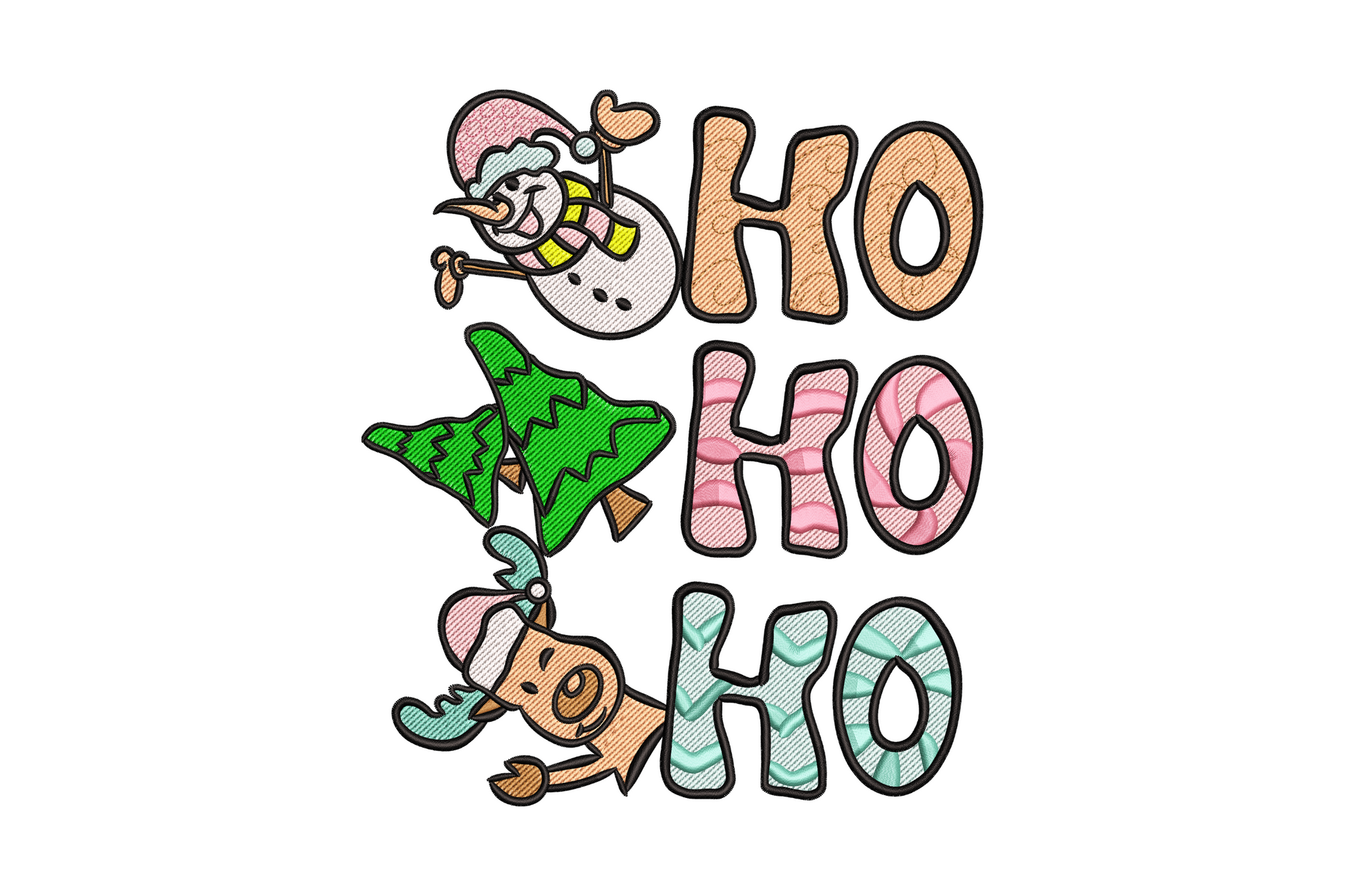 HO HO HO stacked christmas embroidery in peach aqua and pink stripe letters with tiny upside-down elf holding a green tree.