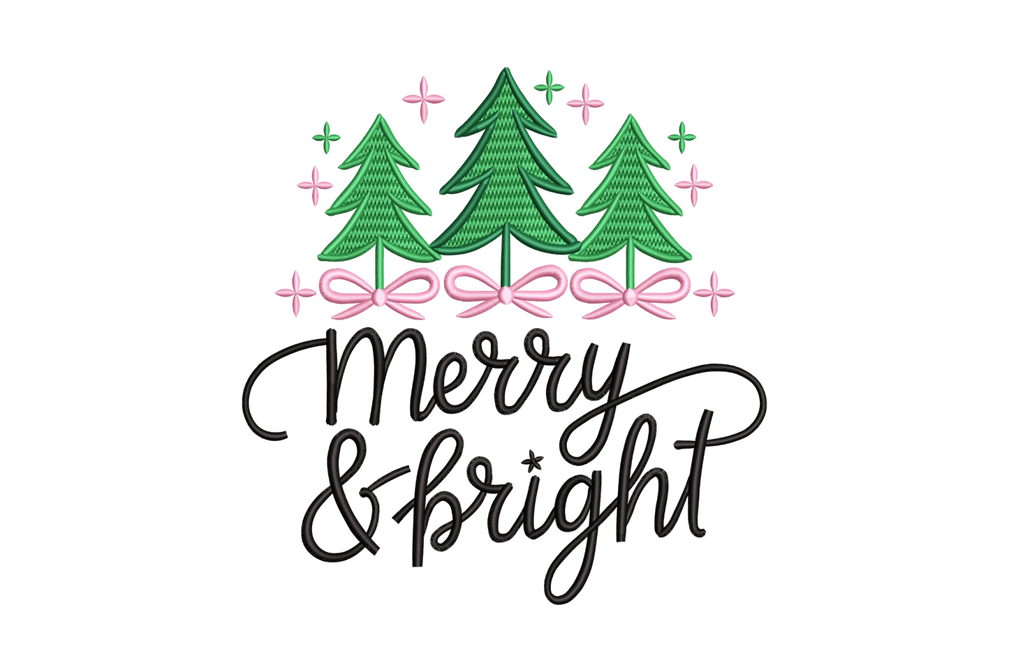 Merry and Bright Christmas embroidery design with three pine trees, pink bows and bold hand-lettered script in black