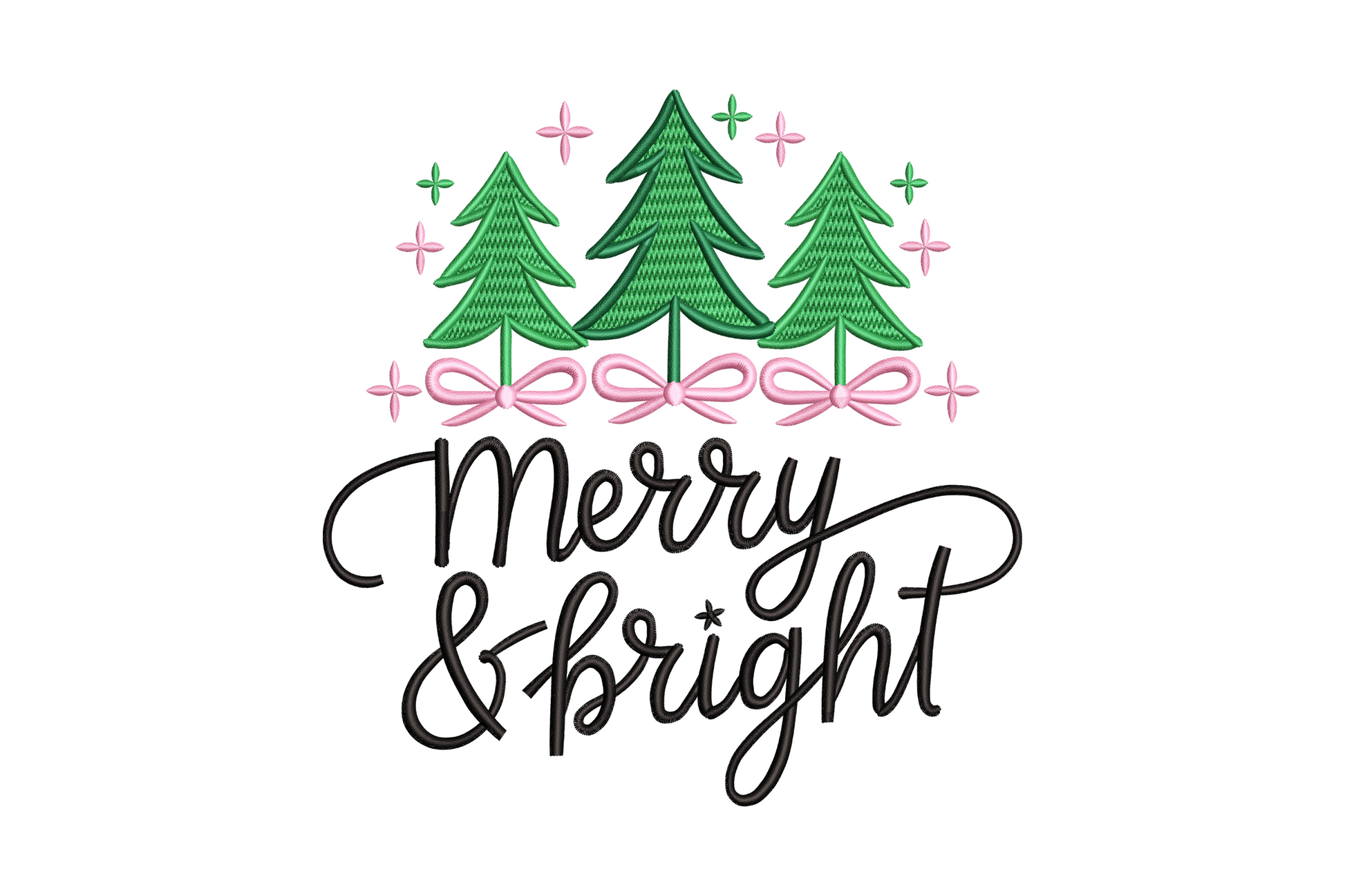 Merry and Bright Christmas embroidery design with three pine trees, pink bows and bold hand-lettered script in black