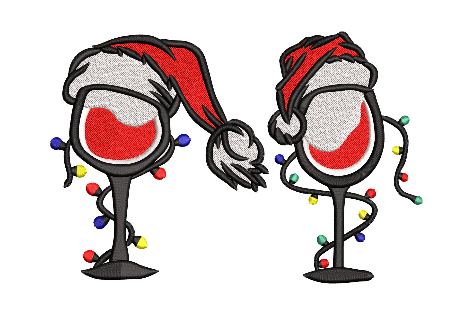 Two wine glasses with Santa hats and Christmas lights embroidery design, colourful red green blue and yellow bulbs, festive cheers pose in 6 thread colours