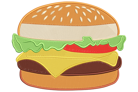 Cheeseburger embroidery design showing stacked layers front-on: sesame seed bun, white onion, curly green lettuce, red tomato, yellow cheese and dark beef patty on the base bun, all in bold flat fills.