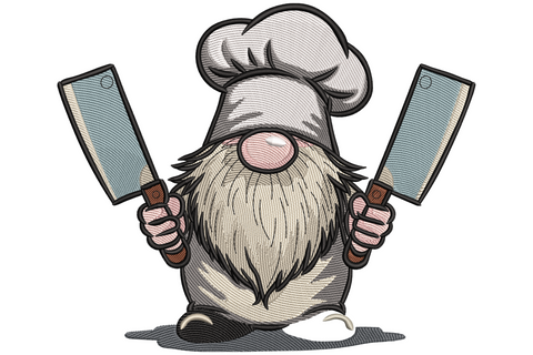 Chef gnome embroidery with a white toque, long cream beard, pink nose and two silver meat cleavers raised either side.