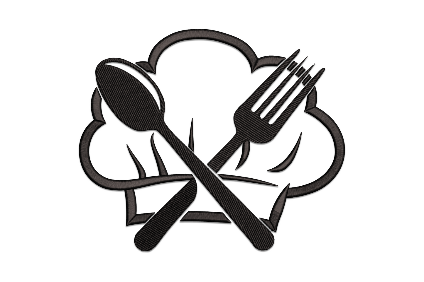 Chef hat kitchen embroidery design in single colour satin stitch, tall toque with pleated band and utensil accent on white background