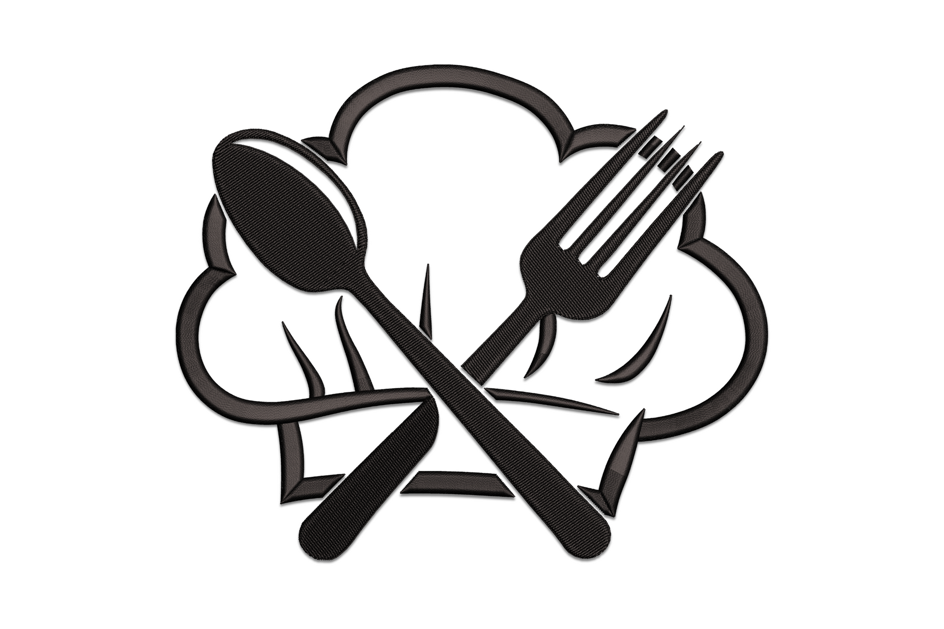 Chef hat kitchen embroidery design in single colour satin stitch, tall toque with pleated band and utensil accent on white background