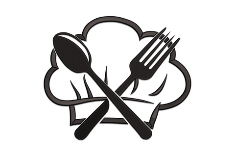 Chef hat kitchen embroidery design in single colour satin stitch, tall toque with pleated band and utensil accent on white background