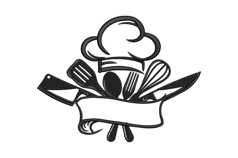 Chef hat kitchen tools banner embroidery design with spatula ladle whisk and rolling pin in symmetrical layout, single colour, 5 sizes from 2.74 to 5.81 inches wide