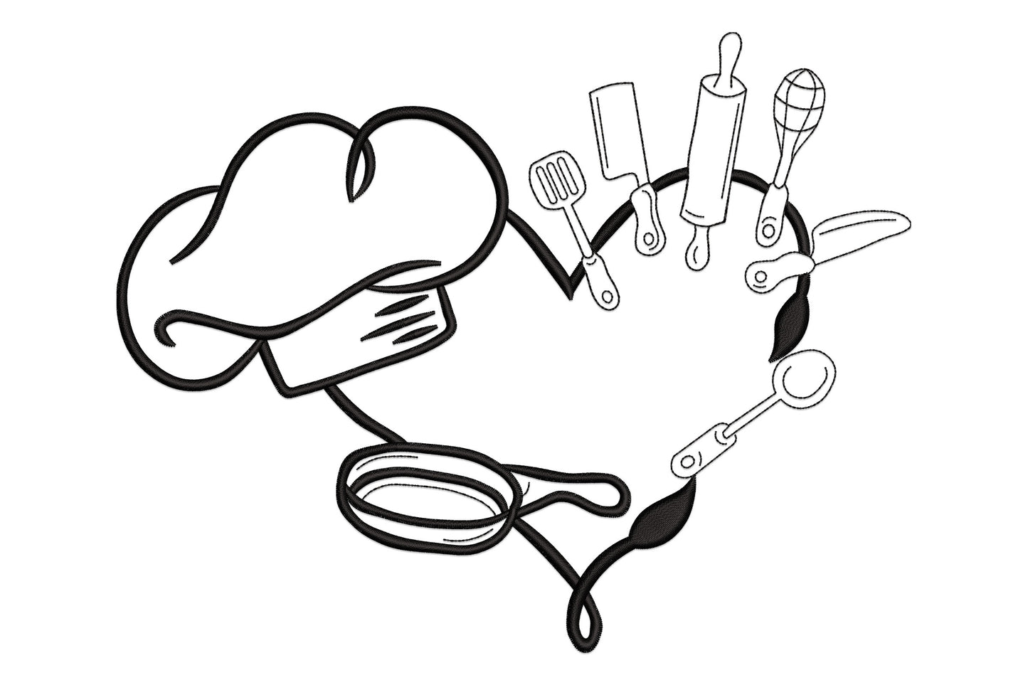 Chef hat and kitchen tools, spatula, cleaver, rolling pin, whisk, frying pan and scissors, arranged in a heart outline shape. Single black thread line art on white.
