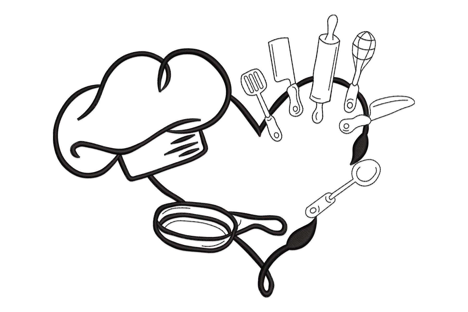 Chef hat and kitchen tools, spatula, cleaver, rolling pin, whisk, frying pan and scissors, arranged in a heart outline shape. Single black thread line art on white.