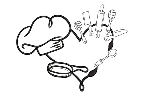 Chef hat and kitchen tools, spatula, cleaver, rolling pin, whisk, frying pan and scissors, arranged in a heart outline shape. Single black thread line art on white.
