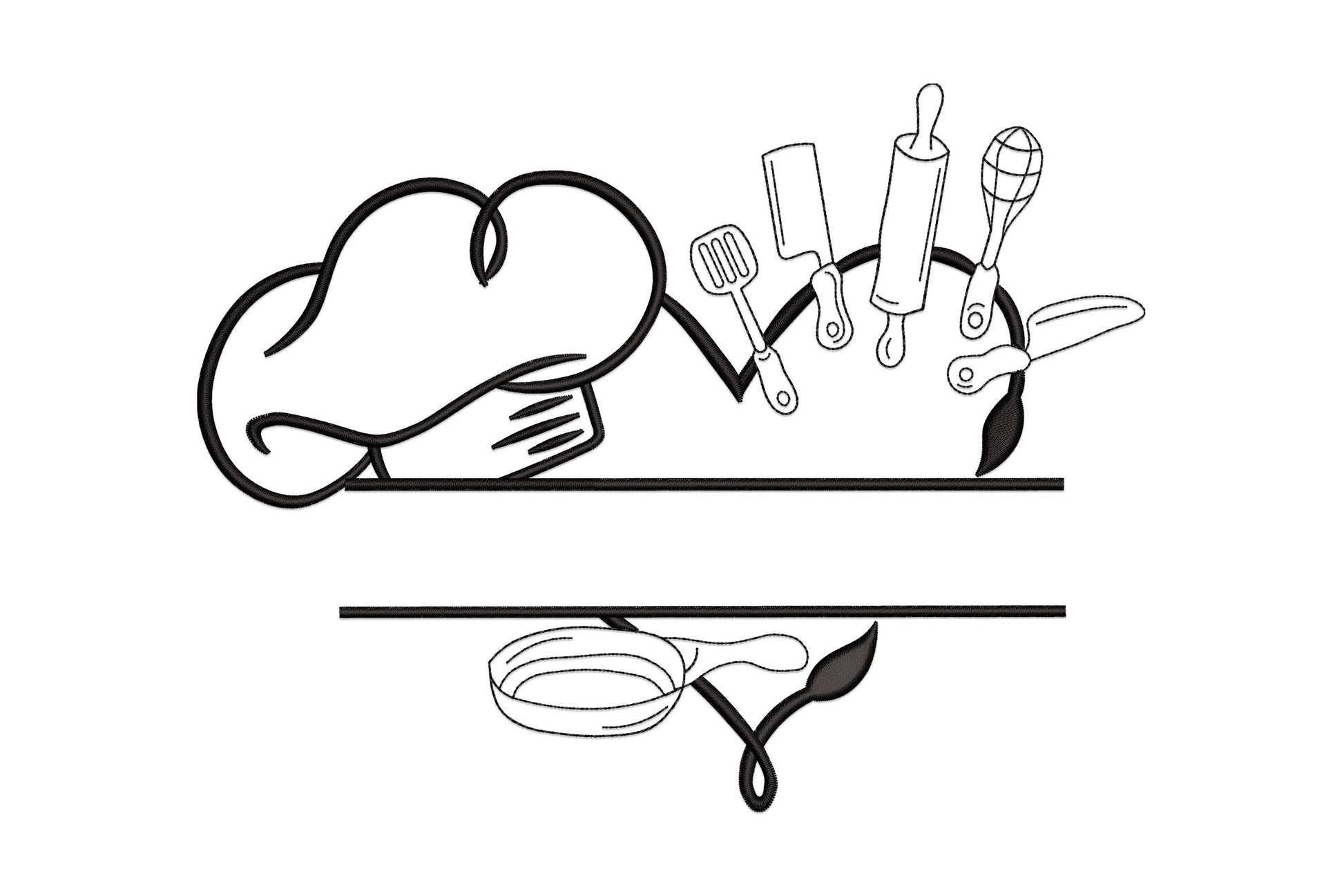 Chef hat and kitchen tools split monogram frame embroidery with fanned spatula, cleaver, rolling pin, whisk and tongs above a name gap and frying pan below.