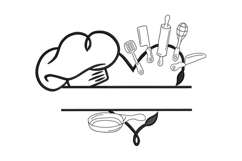 Chef hat and kitchen tools split monogram frame embroidery with fanned spatula, cleaver, rolling pin, whisk and tongs above a name gap and frying pan below.