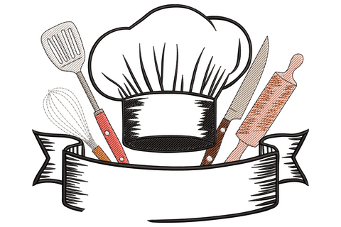 White chef hat above crossed wooden spoon and whisk with a tomato red ribbon banner curling underneath for a custom name.