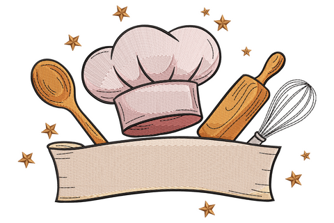 Chef hat embroidery design with pink hat, crossed wooden spoons, rolling pin and whisk over a blank banner ribbon.