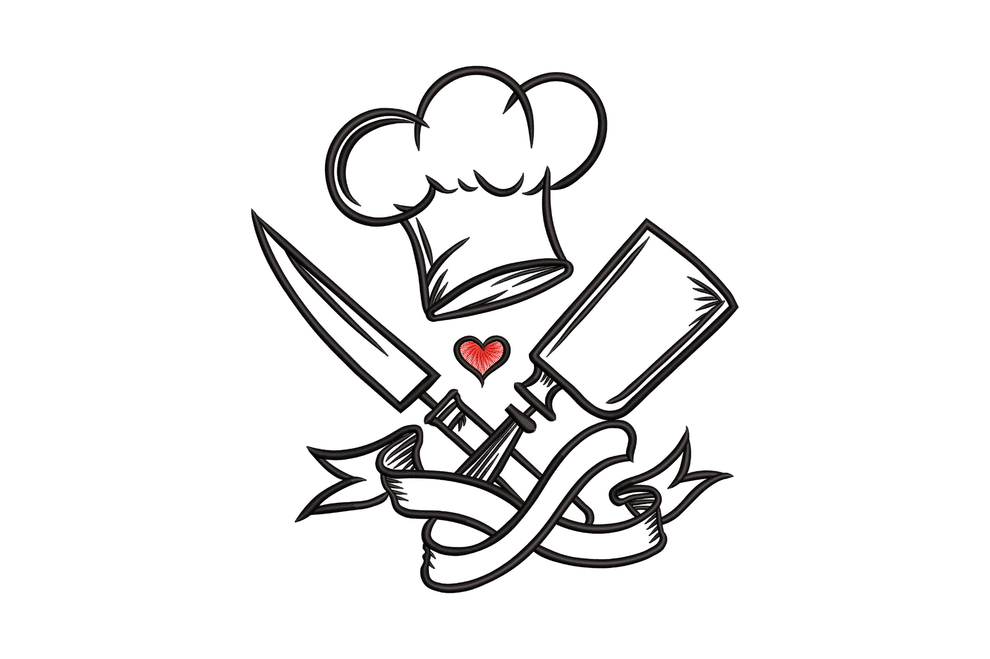 Machine embroidery design showing a chef knife and cleaver side by side in grey and tan thread on white fabric